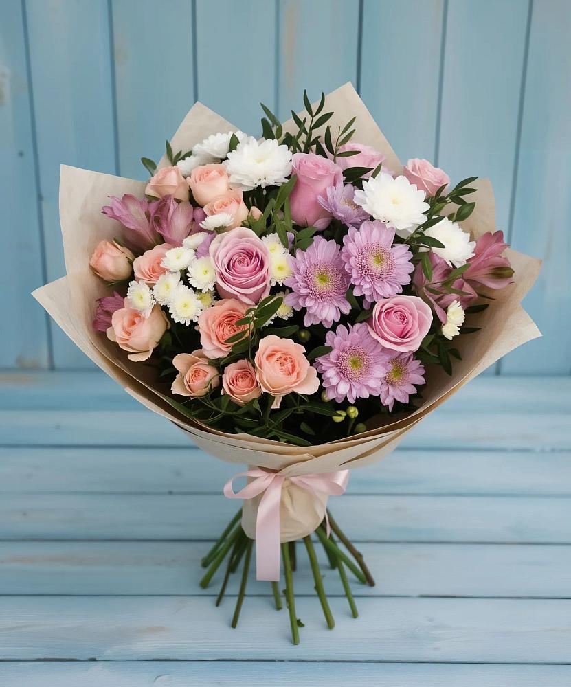 Букет цветов из: Хризантемы, Розы и Альстромерии в Рылеево