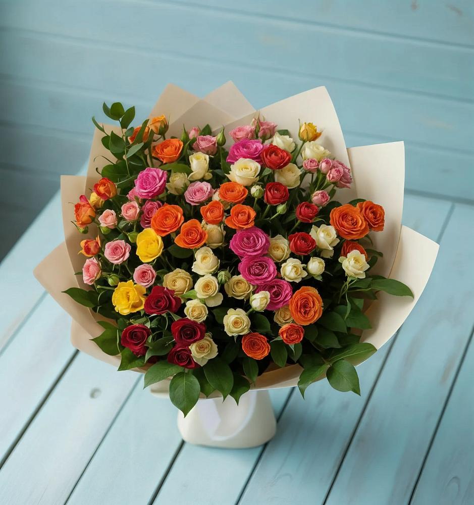 Букет Микс из разноцветных кустовых роз в Рылеево