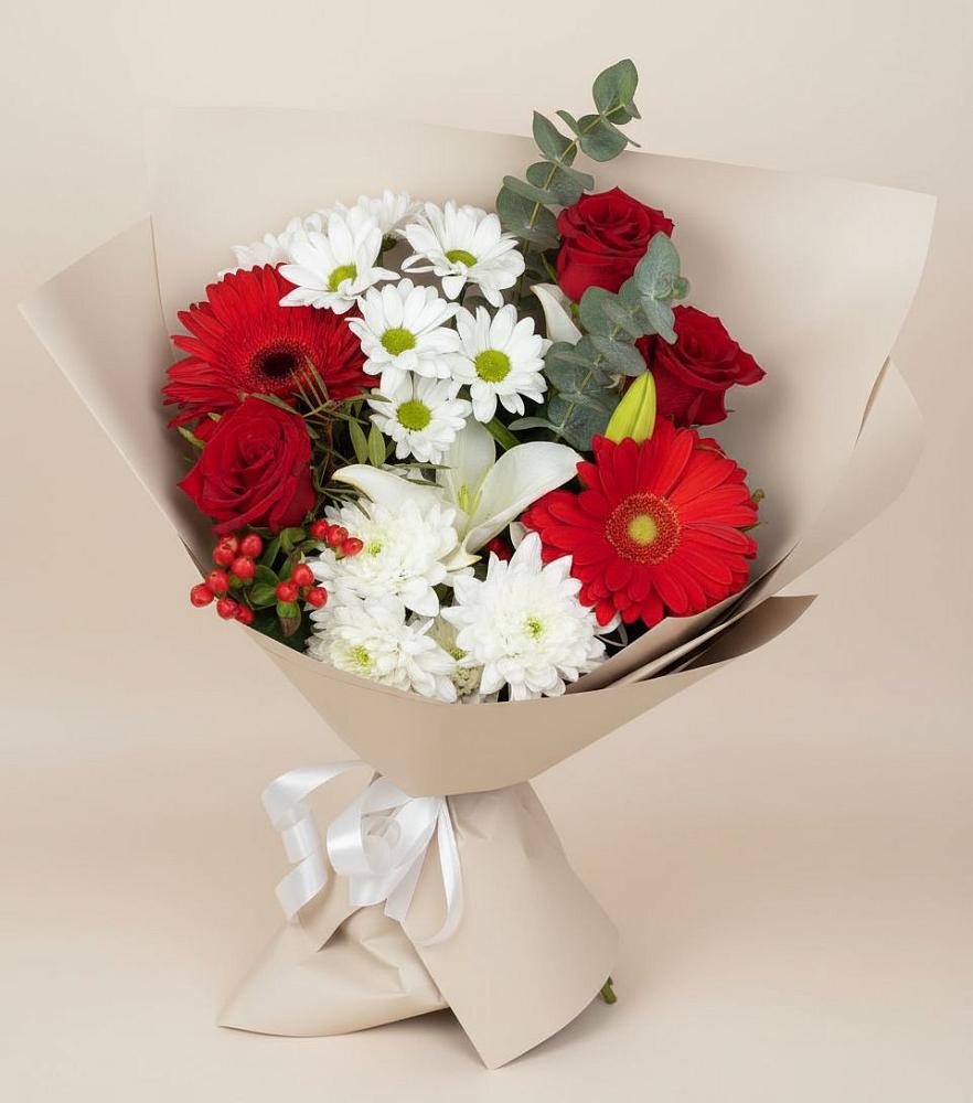Букет цветов из: Розы, Хризантемы, Герберы и Лилии в Рылеево