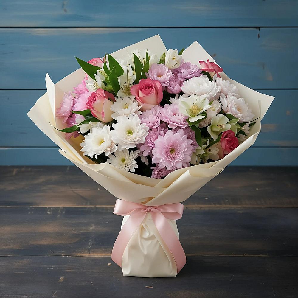 Букет цветов из: Хризантемы, Альстромерии и Розы в Рылеево